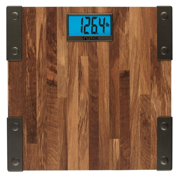 Báscula digital Taylor para peso corporal, capacidad de 200 kg (440 lb), pantalla LCD azul única, diseño rústico, encendido y apagado automático, 31,7 x 31,7 cm (12,4 x 12,4 pulgadas), color marrón