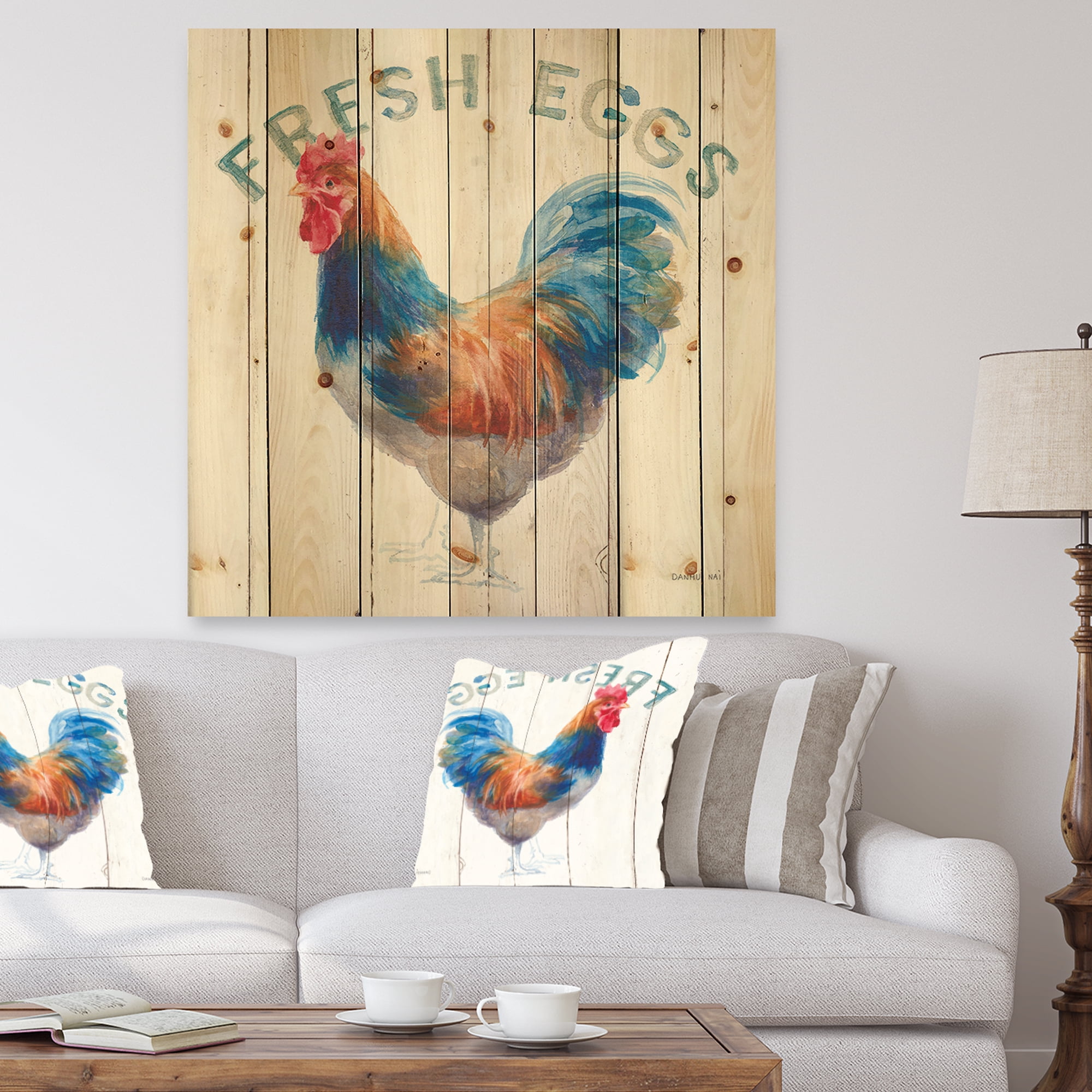 Designart 'Wood Farm Roaster On White II' Farmhouse Print on Natural Pine Wood
