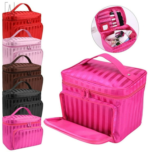 Gustave Large Capacity Travel Makeup Bag with Mirror, Portable Handle Cosmetic Case Pouch Waterproof Toiletry Organizer "Rose Red"