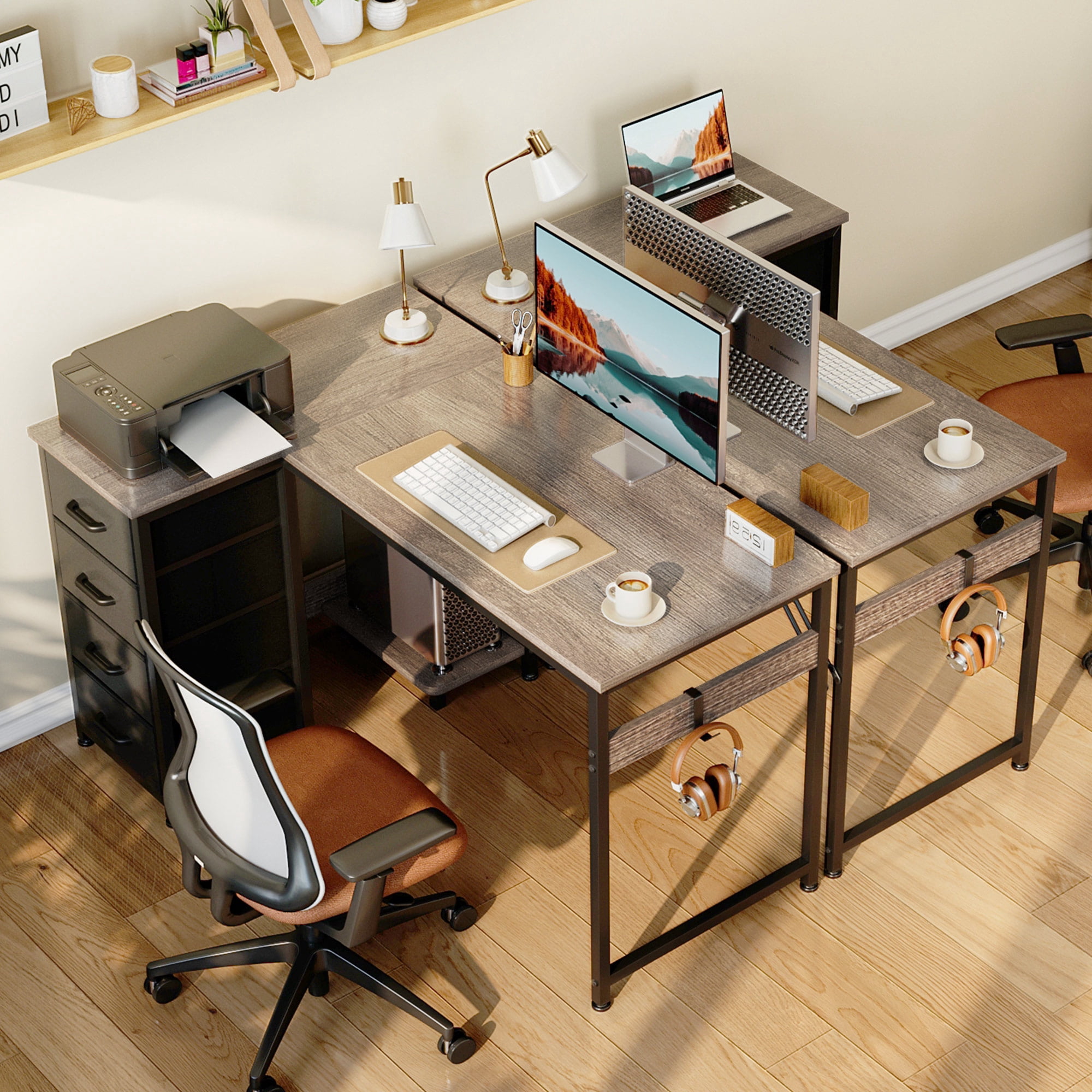 40 inch Computer Desk with 4 Fabric Drawers — Home Office Desks with Storage, Writing Desk with Side Hook, Desk Study/Work Table for Bedroom and Small Space, Oak Grey