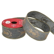 Holiday Time Gift Wrap Fabric Ribbon, Gray burlap with Gold Glittered Reindeer, 1.5"/15'