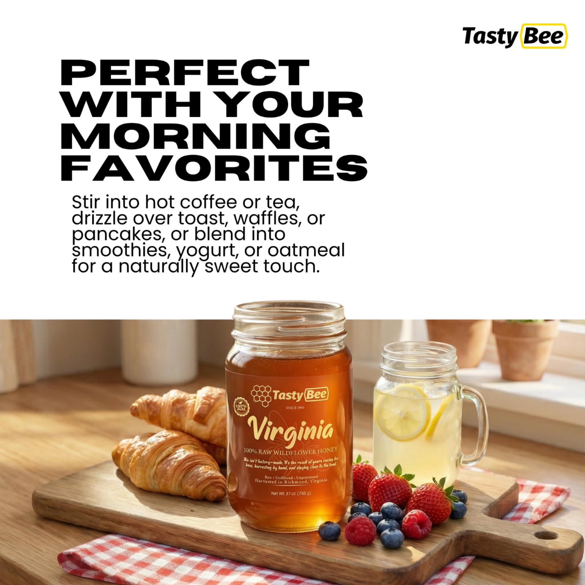 TastyBee 100% Raw Wildflower Honey – Pure, Unfiltered Local Honey 27 oz