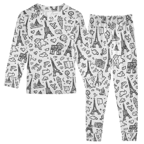 joogoo Retro Eiffel Tower 2 Piece Long Sleeve Tee and Pants Cotton Pajama Set 5Y