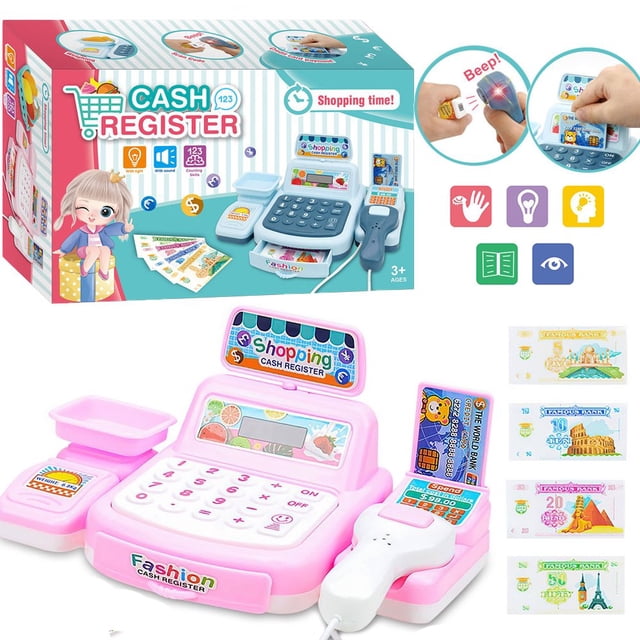 LOVEVER Learning Resources Pretend & Play Calculator Cash Register Ages 3+ Develops Early Math Skills Play Cash Register for Kids Toy Cash Register Play Money Toy for Kids Christmas Bi