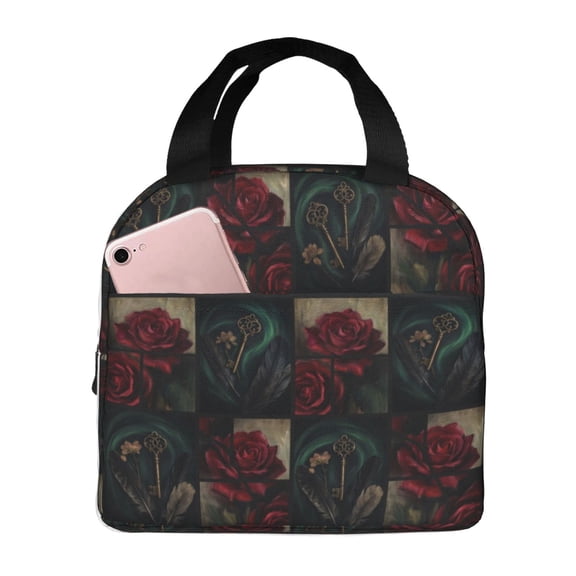 Rose Flower Lunch Box Reusable Insulated Cooler Handbag With Front Pocket Thermal Meal Prep Tote For Women Men Work Office Daily