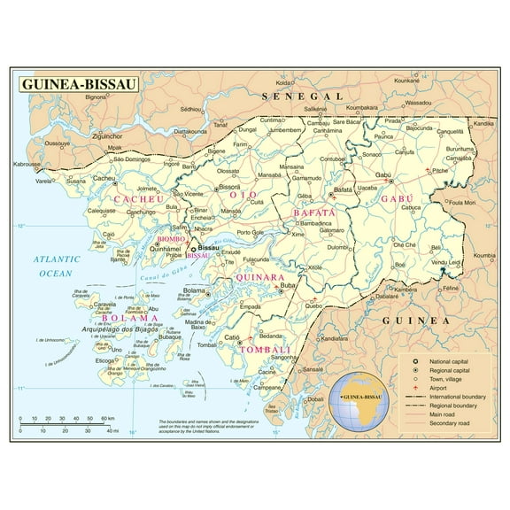 Palmetto Posters 24x31 Laminated Poster: Large detailed political and administrative map of guinea bissau with roads railroads cities and airports