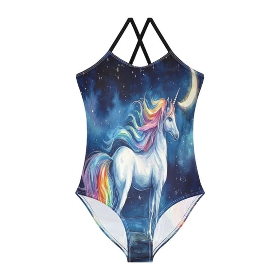 Girls' One-piece Swimsuit Cross Back Bathing Suit Beach Surfing Sizes 3T-10T Beautiful Watercolor Unicorn