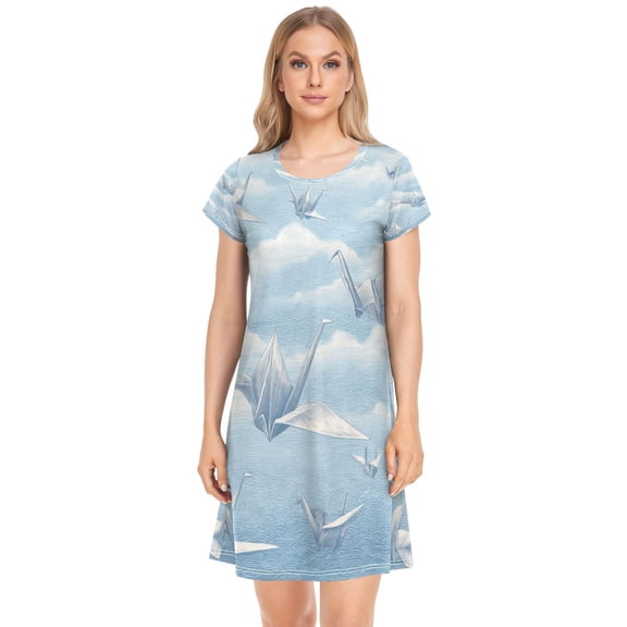 Women's Sleep Dress Nightgown with Short Sleeves Light Blue Paper Cranes Sleepwear Sizes S-2X