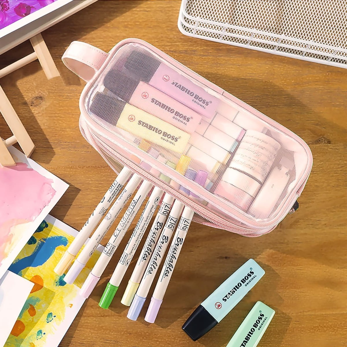 8pcs Pencil Case and Pens Set, 1 Large-capacity Mesh Pencil Case and 7pcs Glitter Rhinestone Beadable Pens Bulk Set, Clear Pen Pouch with Zipper and Handle, Multifunctional Stationery Bag and Pen Set