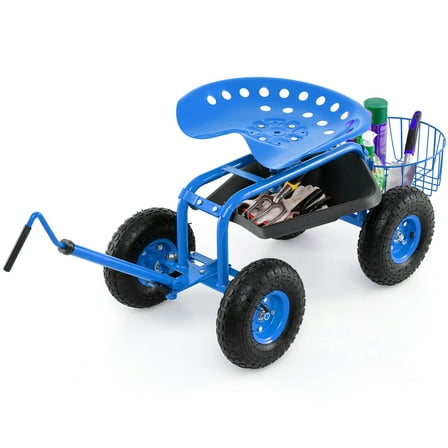 Gymax Rolling Garden Cart Scooter w/ Adjustable Seat Storage Basket Tray Blue