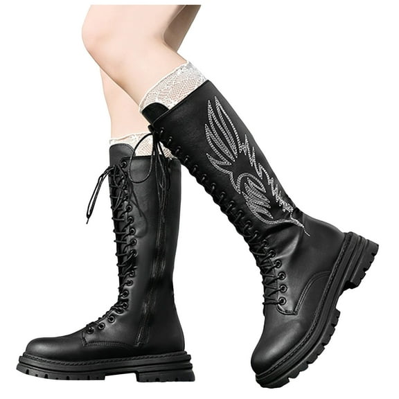Women's Platform Mid Calf Combat Boots Punk Embroidered Leather Chunky Low Heel Lace up Knee High Cowboy Riding Tall Boots