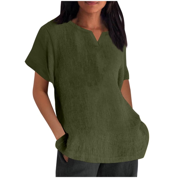 Vestidos Casuales Para Mujer, Blusas De Mujer De Moda Camisa de lino y lino de verano con cuello en V y manga corta transpirable para mujer