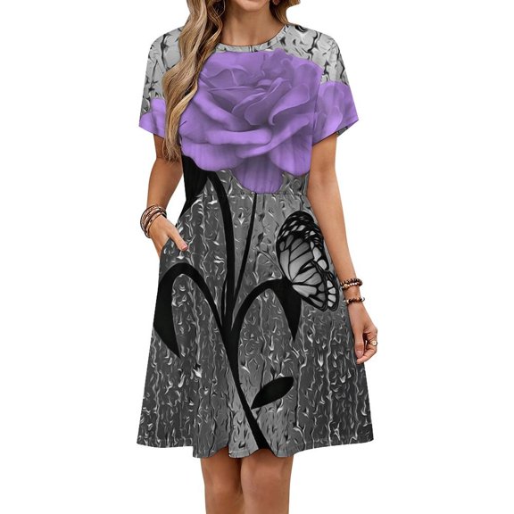 Purple Rose Floral Flowers Sundress Short Sleeve Dress Summer Women Clothes Dress for Women Dresses