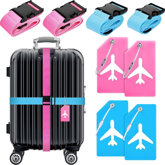 8 count Luggage Straps Suitcase Tags Set for TSA Approved, 4 Travel Adjustable Suitcase Belt, 4 Luggage Tags with Name ID Card Travel Accessories(, Light Blue,Airplane)