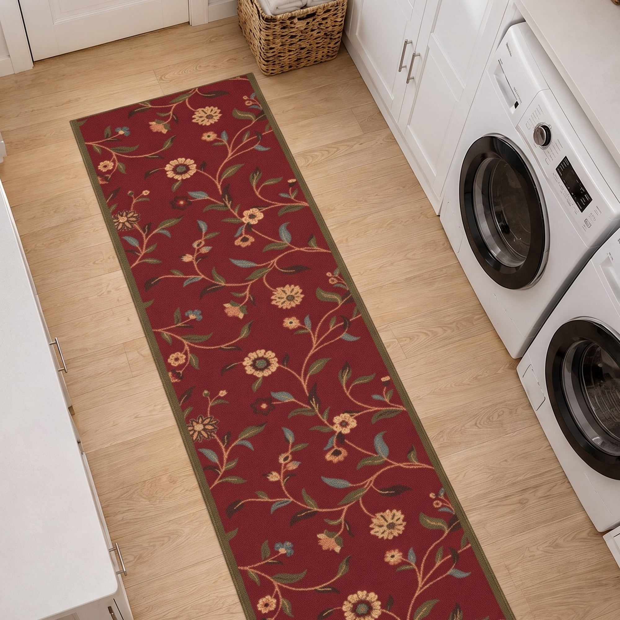 Ottomanson Extra Long Runner Rug 2'7" x 47' – Non-Slip Low Pile Hallway Carpet, Floral Red