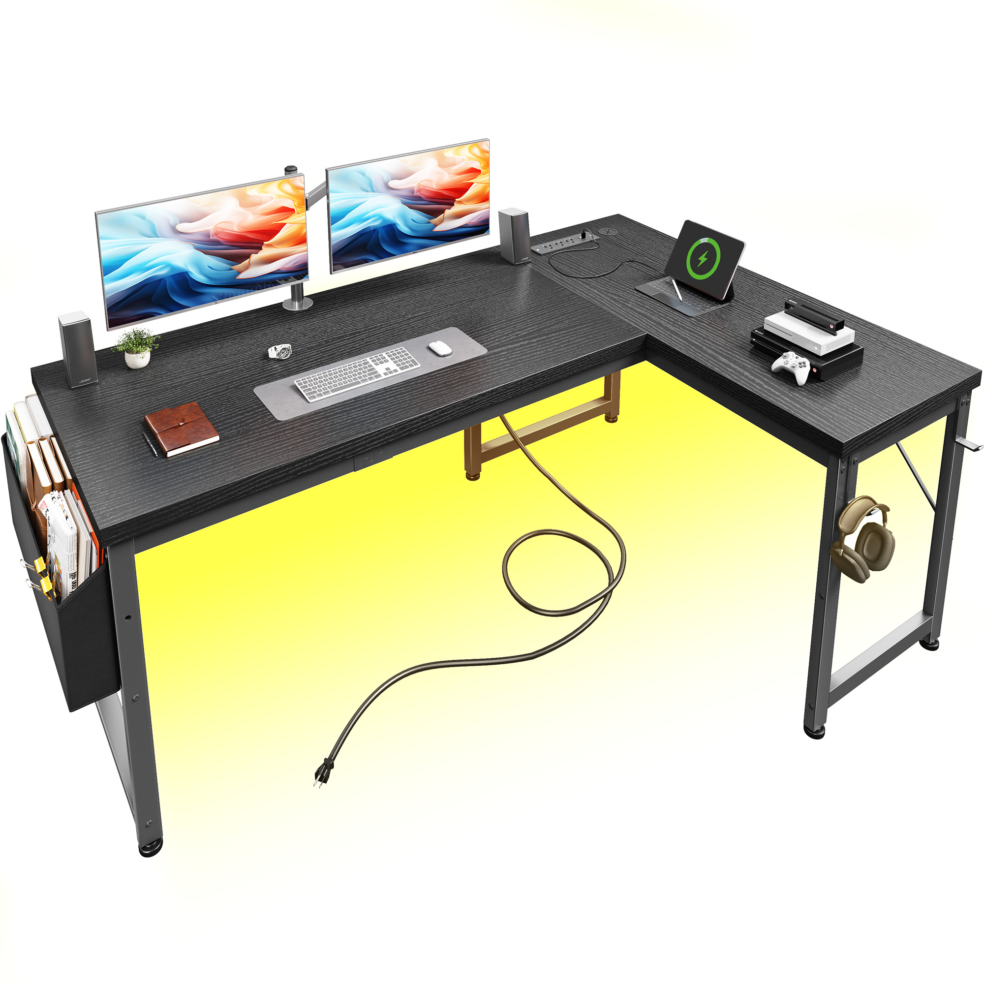 EnHomee Gaming Desk with Storage Computer Desk with LED Lights Reversible Office Desk with Storage Organizer, Black