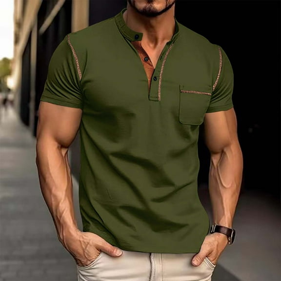 Fnnxeal Mens Casual Henley Shirts, Summer Solid Button Short Sleeve T-Shirt Classic Army Green Lightweight Tees with Pocket Size 2XL