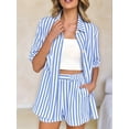 thumbnail image 2 of Two Piece Outfits for Women 2025 Striped Shirt & Shorts Set Light Blue L, 2 of 5