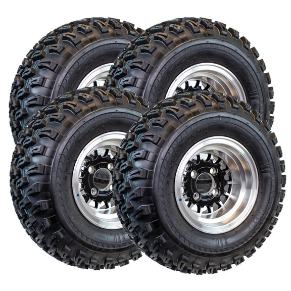 4-Pack 22X11.00-10 Golf Cart ATV Offroad Tire On 10X7 Gloss Black Rim A9 All Terrain Mud Turf