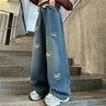 thumbnail image 2 of Girls Wide Leg Jeans – High Waist Baggy Denim Pants with Heart Patch, Soft Stretchable Fabric, Korean Style Casual Y2K Streetwear for Autumn, 2 of 7