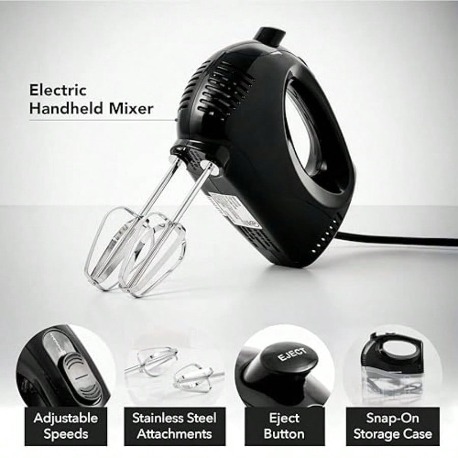 5-Speed Corded Electric Hand Mixer with Stainless Steel Whisks Compact Portable Design with Snap-On Storage Case 150W Lightweight Handheld Mixer for Baking and Cooking Black