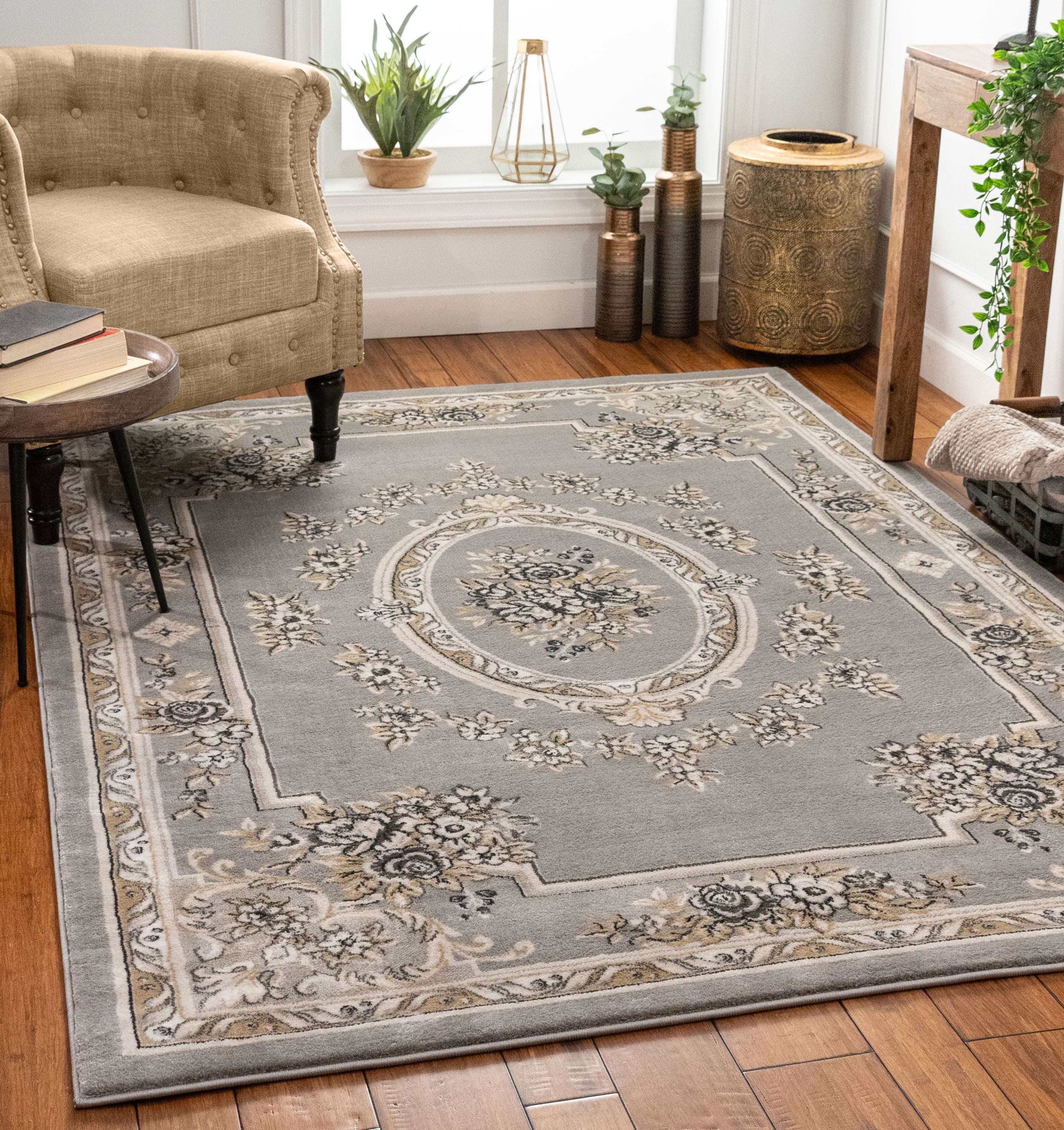 Pastoral Medallion Grey French Area Rug European Formal Traditional