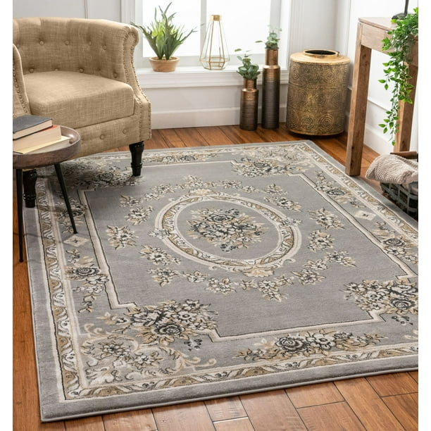 Pastoral Medallion Grey French Area Rug European Formal Traditional