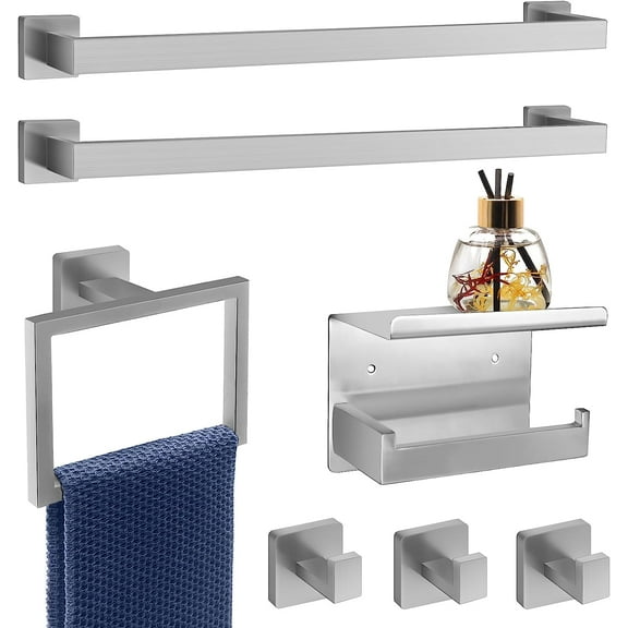 7-Piece Bathroom Hardware Set Brushed Nickel Towel Bar Set with Towel Rack, 2 Square 23-Inch Towel Bars and Stainless Steel Bathroom Accessories Wall Mounted