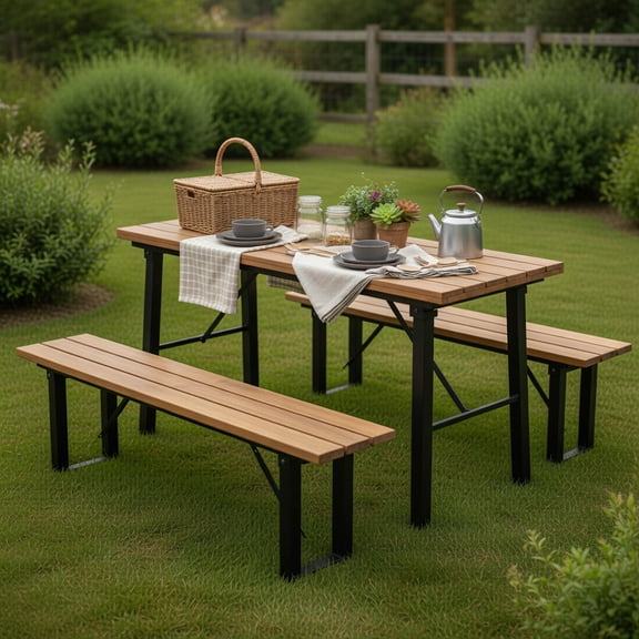 Topcobe Folding Picnic Table Acacia Wood Dining Table with Metal Frame, Outdoor Patio Furniture for Garden Backyard Pool Deck