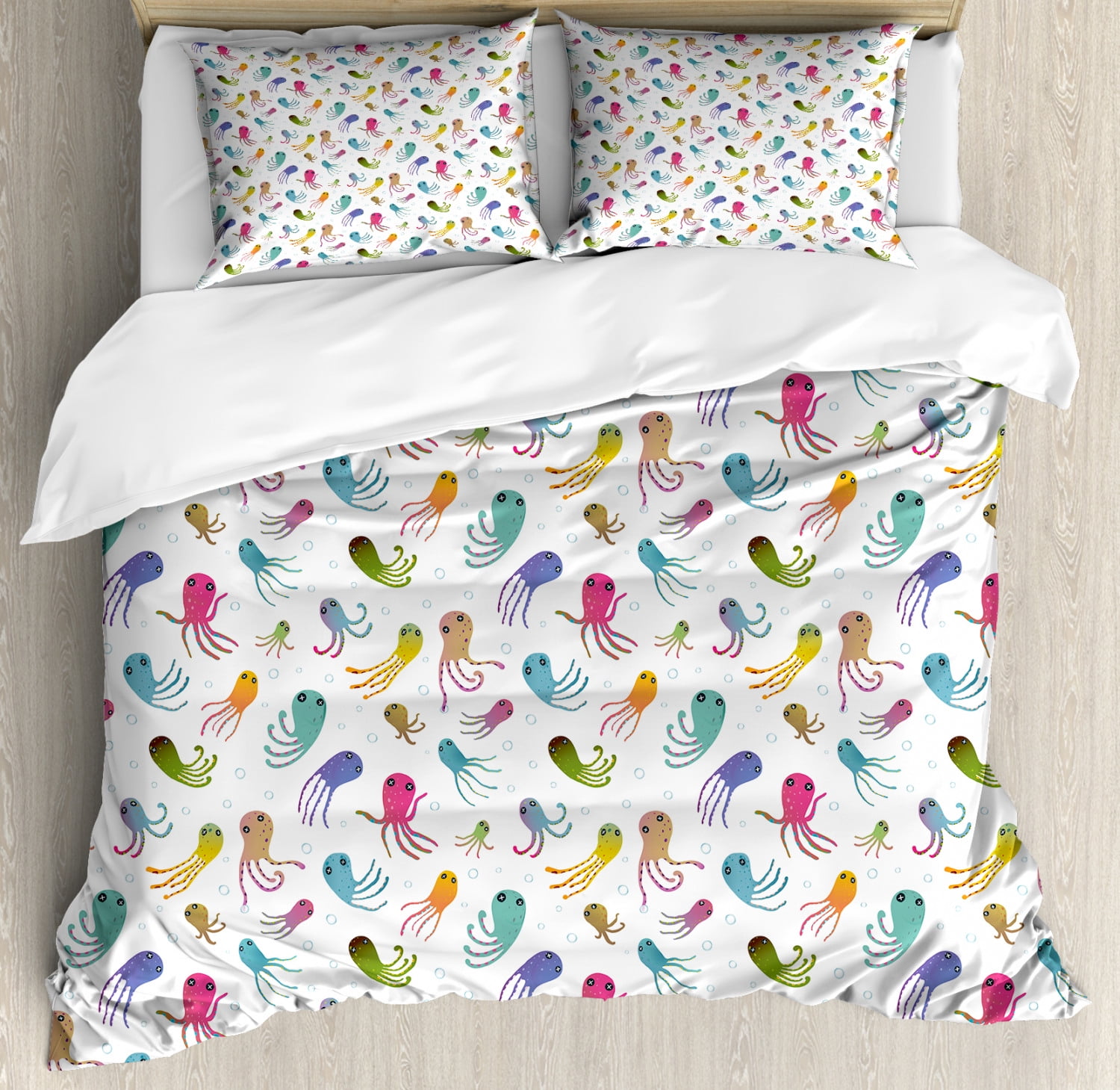 Octopus Duvet Cover Set, Doodle Style Ocean Animals Maritime Themed