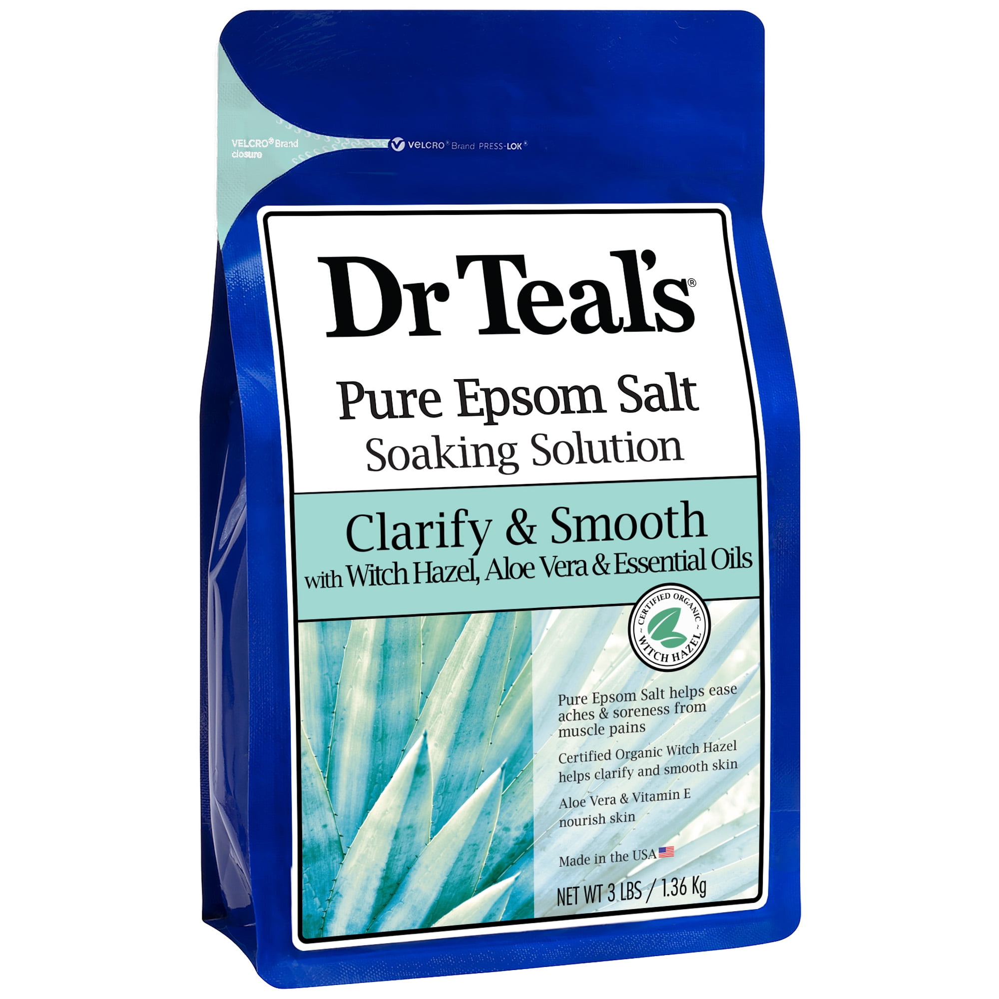 Dr Teal's Pure Epsom Salt Soak, Clarify & Smooth with Witch Hazel & Aloe Vera, 3 lbs
