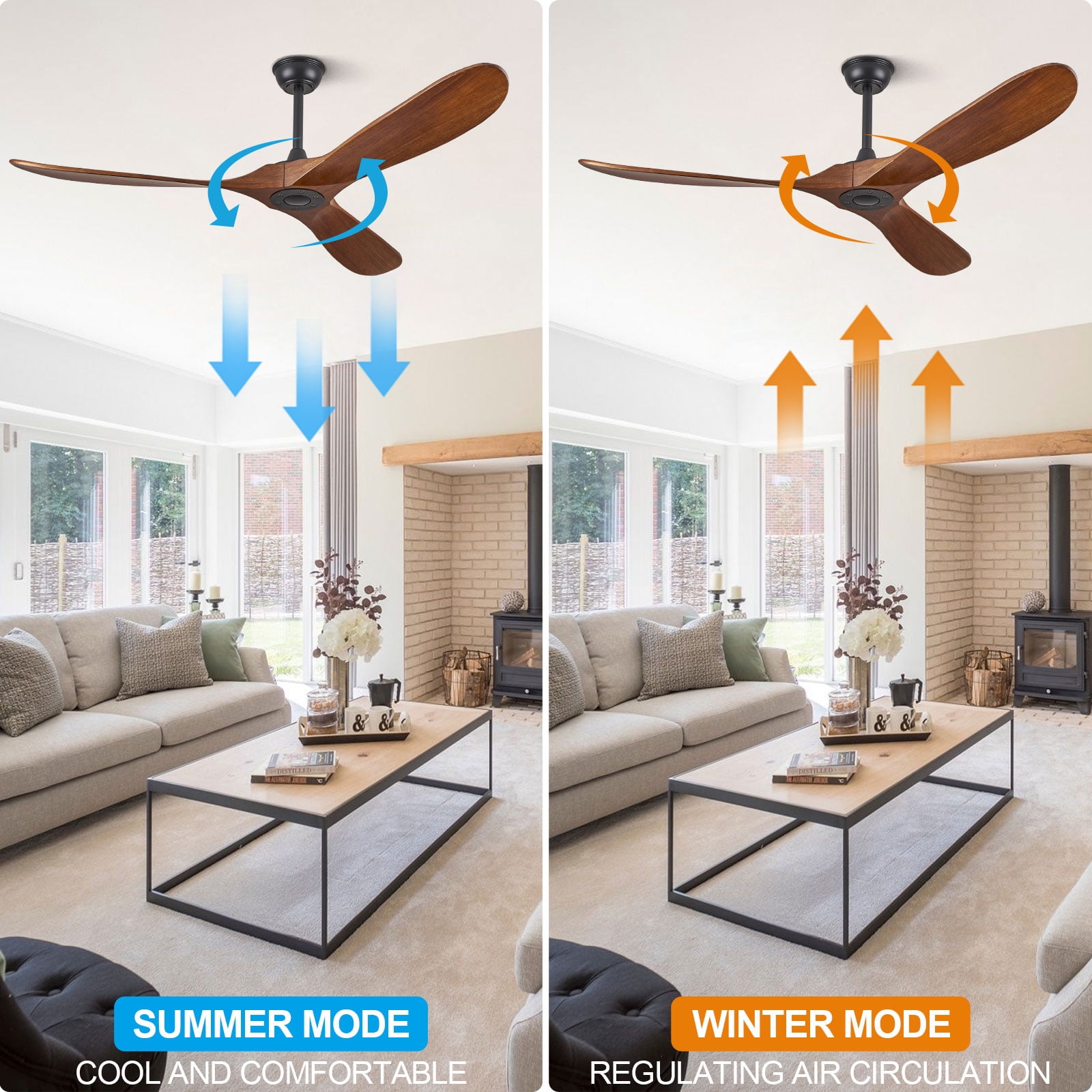 62'' Modern 3-Blade Ceiling Fan (No Light) – Solid Walnut Wood Propeller Ceiling Fans, Quiet DC Motor & Standard Remote Control | Indoor/Outdoor Use for Patio, Coastal & Farmhouse Spaces