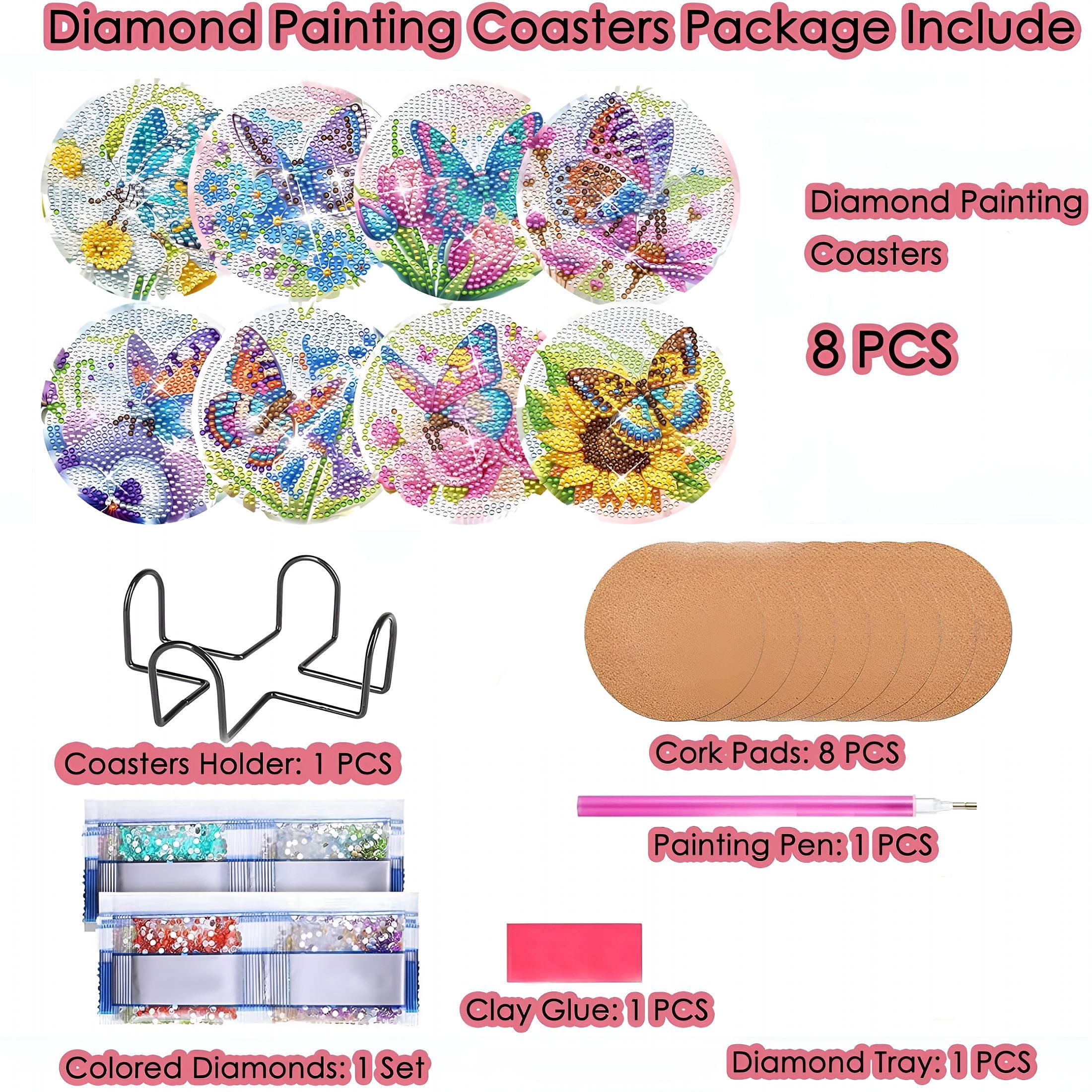 BPPEG Diamond Art Painting Coasters Kit,8 Pcs Colorful Butterfly Coasters with Holder,Diy Diamond Art Painting for Beginners,Diamond Art Kits for Adults