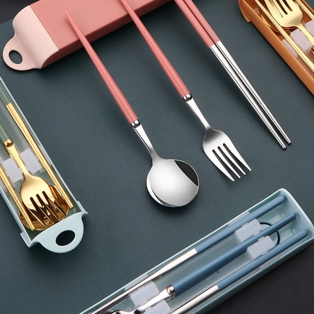 Juego de utensilios de viaje reutilizables de acero inoxidable con estuche, fiambrera portátil para cubiertos para Camping y oficina
