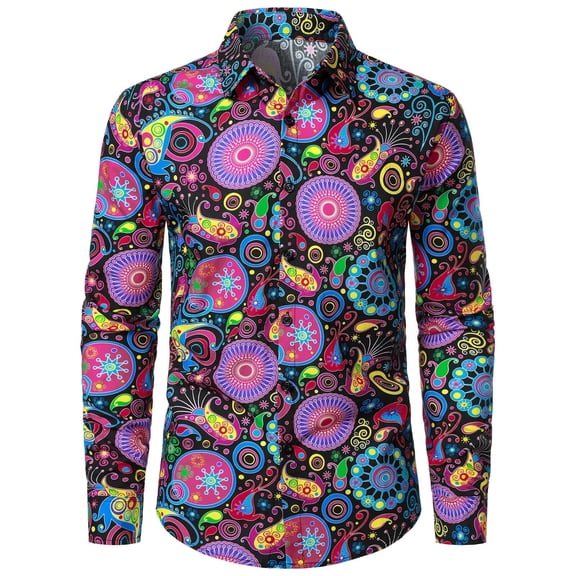 CONZONE Mens 70S Disco Buttons Down Shirts Long Sleeve Hippie Shirts for Men Trendy Floral Graphic Lapel Soft Lightweight Tops