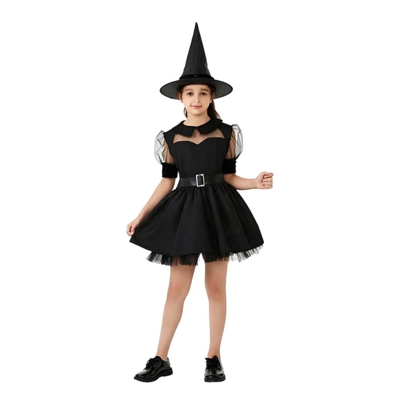 REDARER Kids Witch Cosplay Mesh Puff Sleeve Dress with Pointed Hat for Halloween Party Trick or Treat Fancy Dress Up,11-14 Years