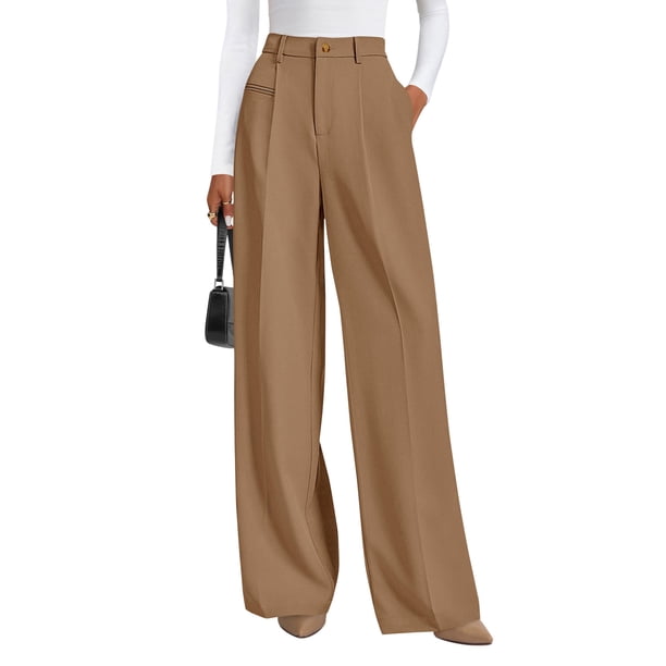Pantalones PRETTYGARDEN 2025 Pierna Ancha Cintura Alta Caqui XL