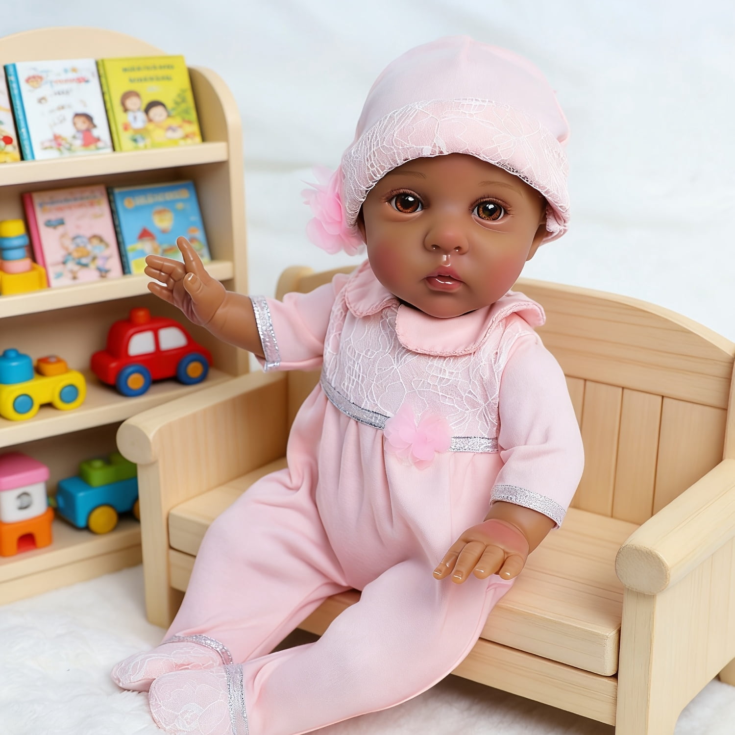 16 Inch Reborn Baby Doll Girl, Black Realistic Newborn Doll With Brown Eyes Pink Outfit, Lifelike Soft Body Baby Doll Collectible Toy For Role Play, Birthday Christmas Gift For Girls Age 3+