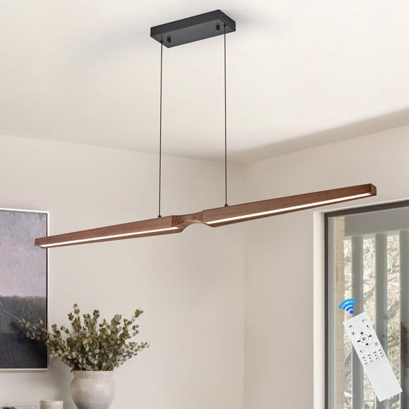 52in LED Linear Chandelier Walnut Wood Linear Pendant Light Wood Dining Room Light Fixture Modern Pool Table Lights Dimmable Bar Kitchen Island Light