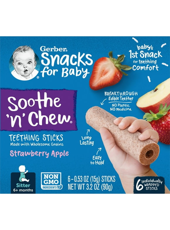 Gerber Snacks for Baby Strawberry Apple Teething Sticks, 3.2 oz Boxes (6 Pack)