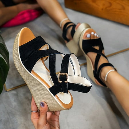 

Women s Ladies Fashion Casual Solid Open Toe Platforms Sandals Beach Shoes Black 6.489