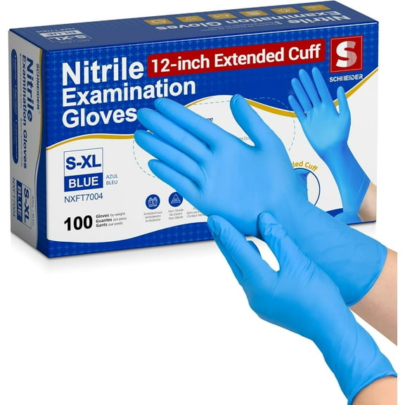 Schneider Nitrile Exam Gloves, Extended 12 Inches Cuff, Large, 4 mil, 100-ct Box, Gloves Disposable Latex Free, Powder Free for Medical, Food Prep, Cleaning, Cooking, Blue