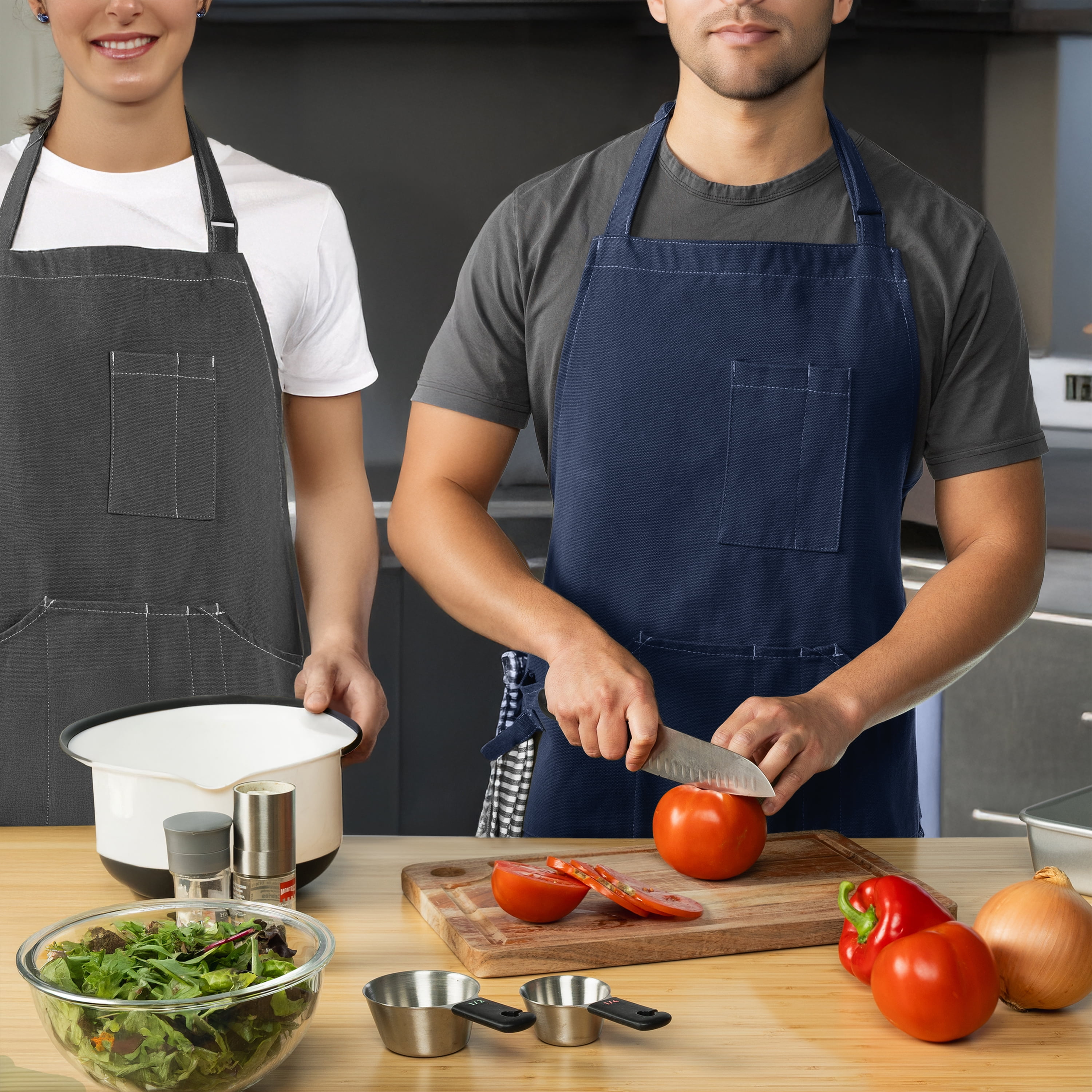 OPUX Chef Apron for Men, Canvas Apron with Pockets for Women, Large BBQ Apron for Kitchen Grilling Baking, Heavy Duty Work Apron with Adjustable Neck Strap for Barber Gardening, Grey