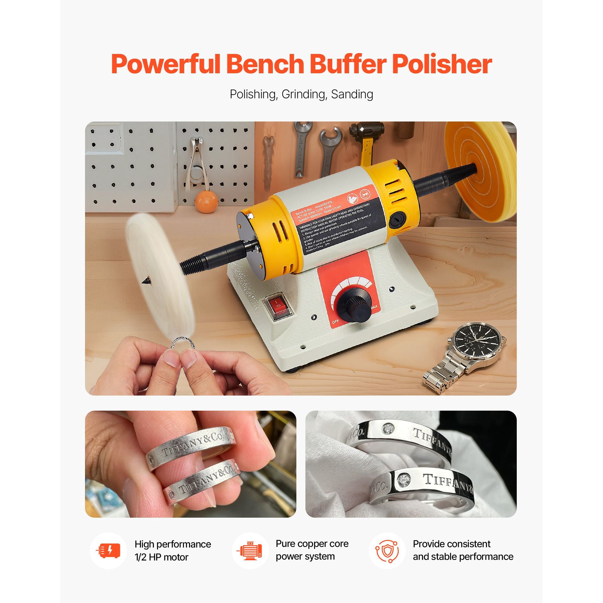 Bench Buffer Polisher 1/2 horsepower, 0-8000 RPM Bench Top, w/ 2x4" Cotton & 3x3" Abrasive Wheels, Compound for Metal/Jewelry/Wood