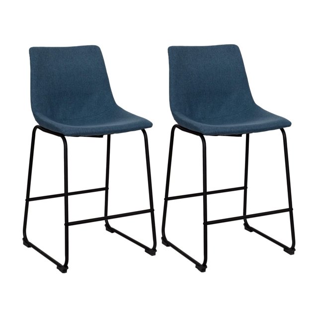 CorLiving Asahi set of 2 counter height upholstered indoor bar stools with blue polyester fabric seats, curved backs for support, and black metal sled legs with footrests, ideal for kitchen islands or counters.