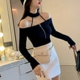thumbnail image 4 of Promotions! T-Shirts pour Femmes Sans Bretelles Haut Tricoté Mode Fermeture Éclair Confortable Col Rond Licou Manches Longues T-shirt Ajusté, 4 of 6