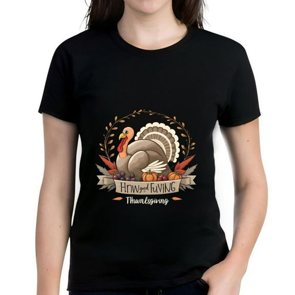 Women's Cotton Short Sleeve T-Shirt with Festive Thanksgiving Turkey Design Surrounded by Autumn Leaves and Berries