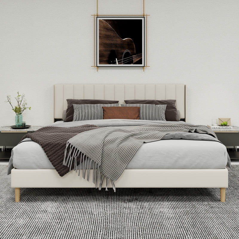 Pillfn Upholstered Platform King Size Bed Frame with Headboard Wooden Slats Support,Beige