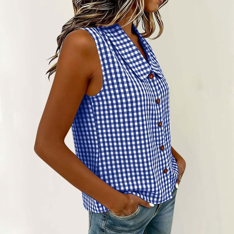 Ihhxva Women's Linen Tops Gingham Sleeveless Blouse Button Detail