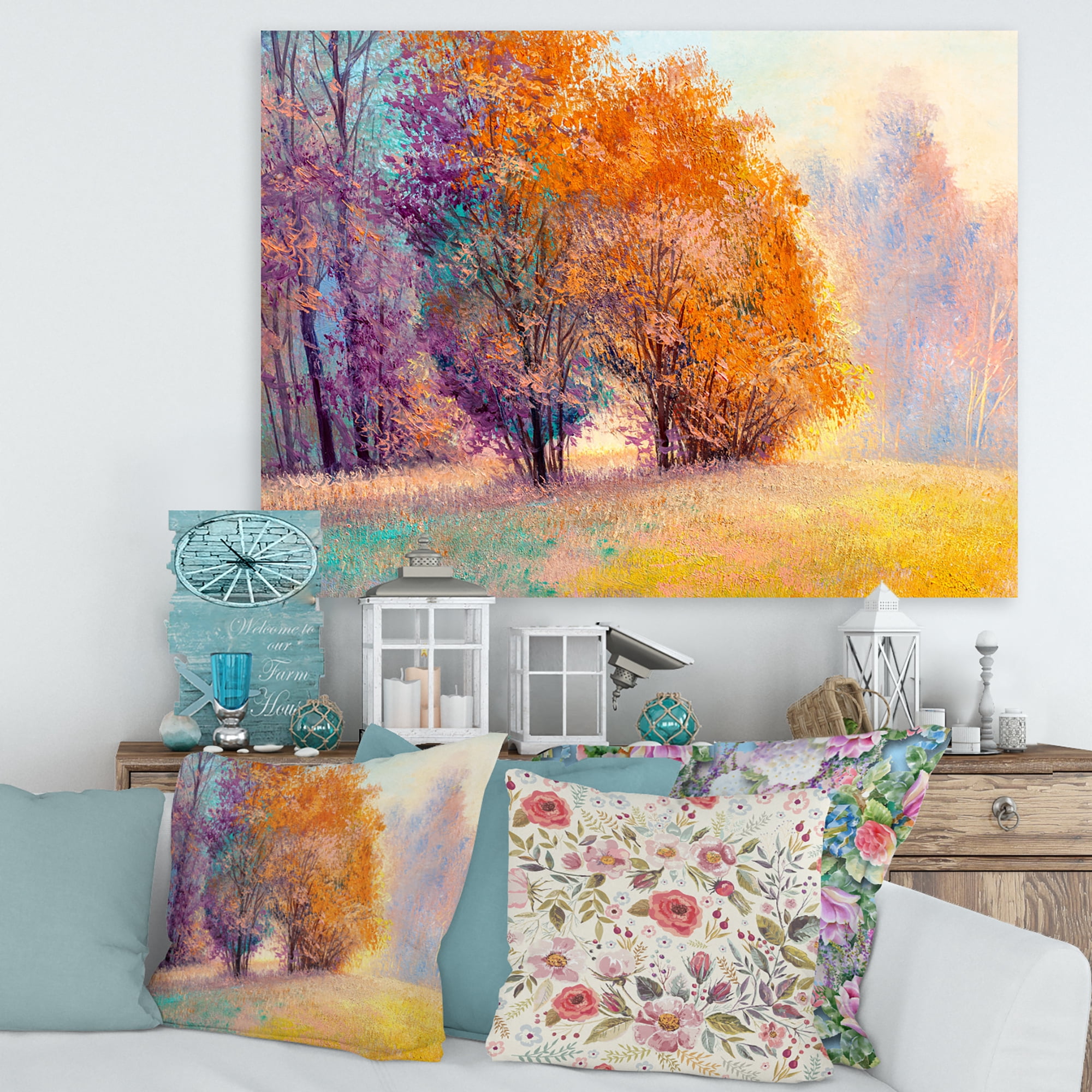 Designart ' Autumn Forest Orange Leaves Landscape ' Lake House Canvas Wall Art Print